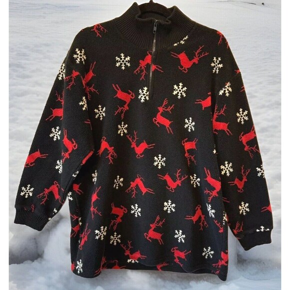 Talbots Fleece Top Medium‎ 1/4 Zip Snowflakes Reindeer Warm Cozy Soft - Picture 1 of 10